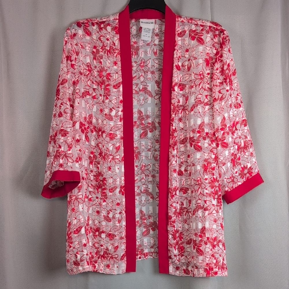 BonWorth Red Floral Kimono XL Sheer‎ Layering